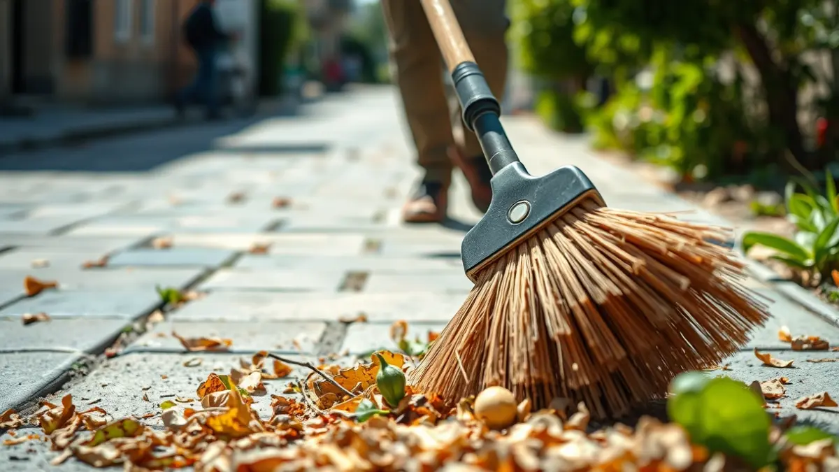 Generic image of a clean street, with a street sweeper's brush in the foreground.