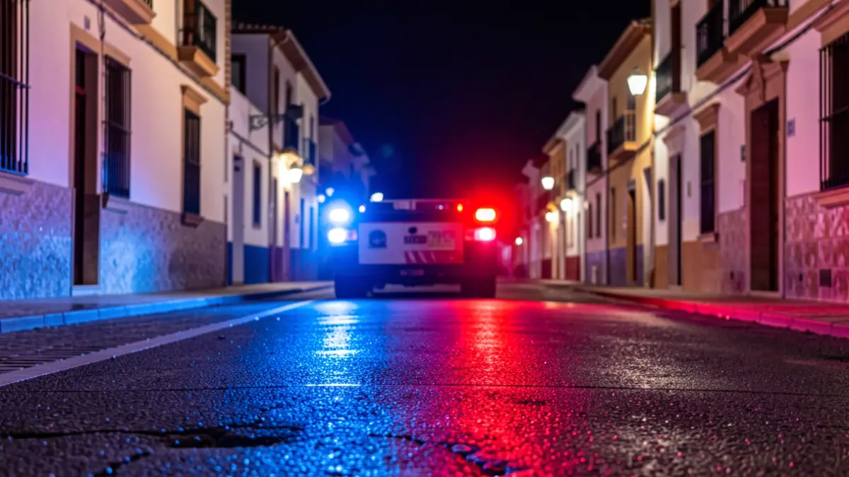 Imagen genérica de luces de emergencia policiales reflejándose en el asfalto mojado.