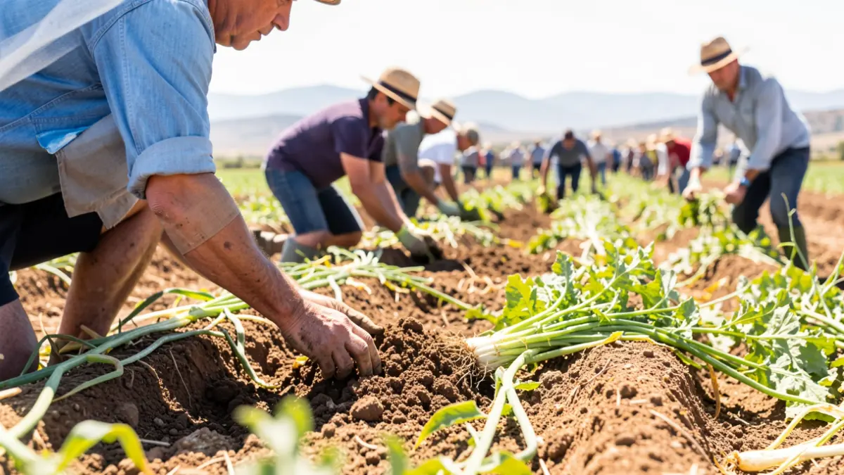Generic image of migrant seasonal workers in an agricultural field in Almería.
