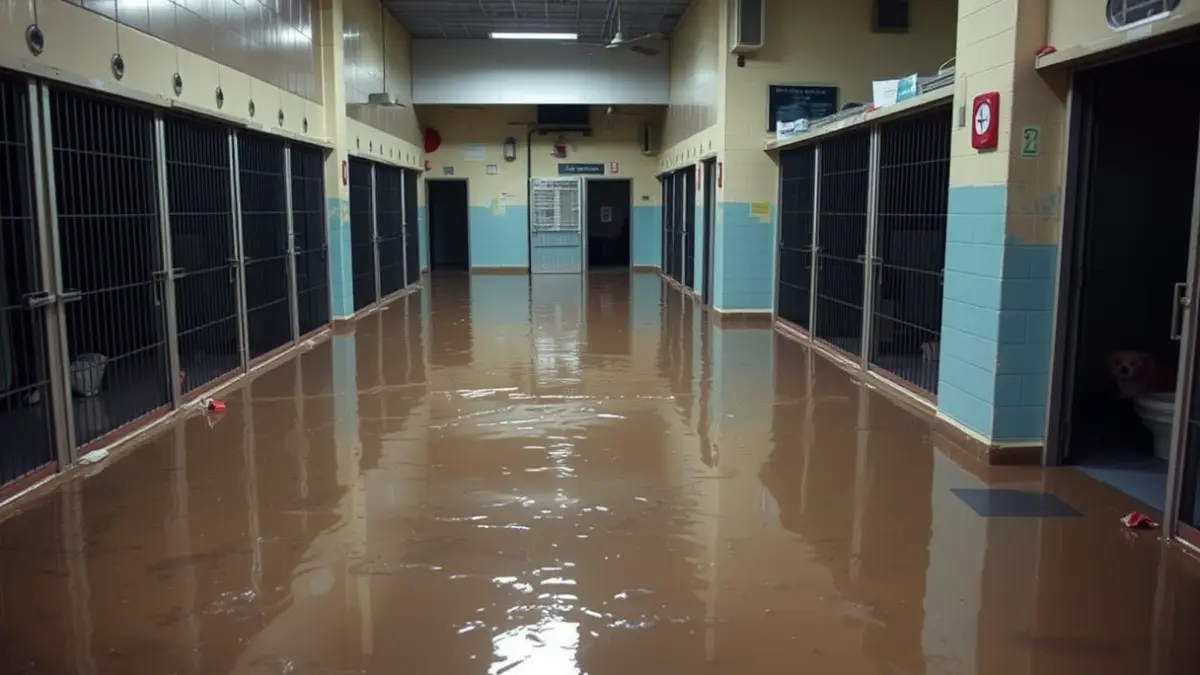 Image of a flooded animal shelter with mud and water.