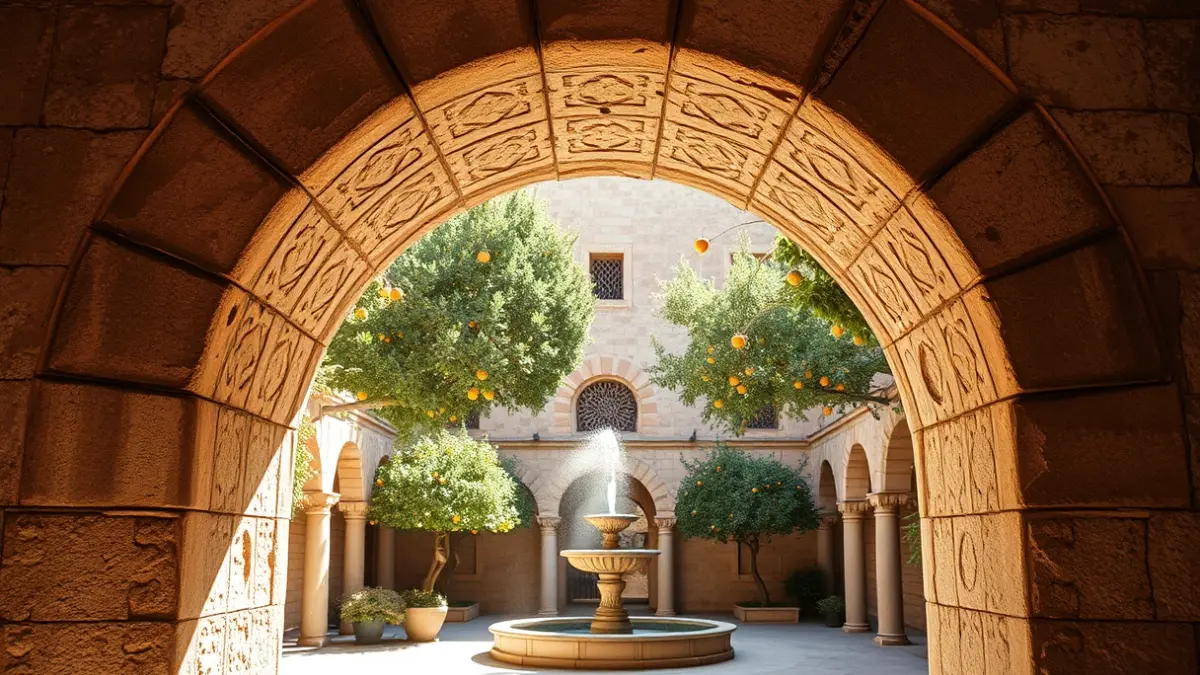 Imagen de la Puerta del Perdón de la Catedral de Sevilla, mostrando su arco de herradura y el Patio de los Naranjos al fondo.
