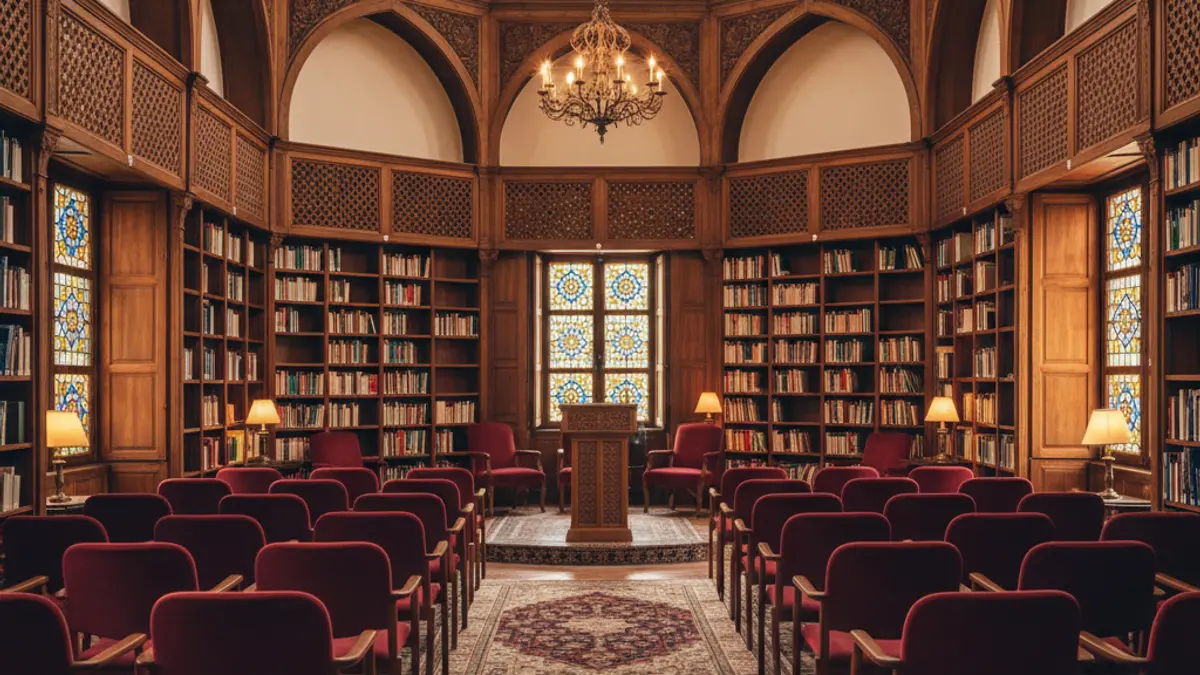 Imagen genérica de un interior de biblioteca o sala de lectura con un micrófono en un podio.