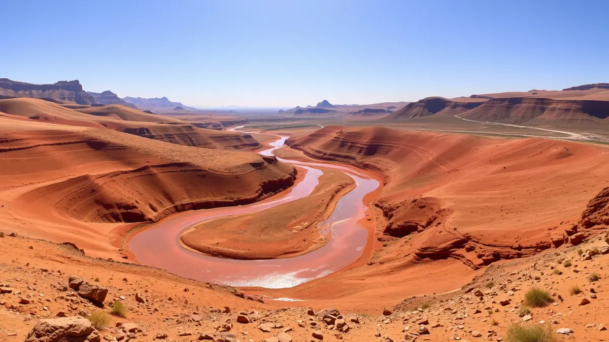 Paisaje rojizo y marciano del Río Tinto en Huelva.