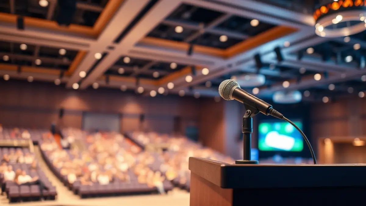 Generic image of a microphone on a podium in a convention hall.
