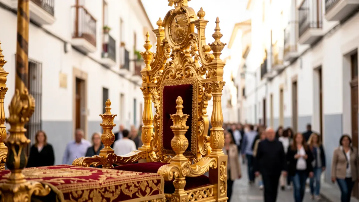 Detalle de un trono procesional en una calle de Málaga con arquitectura mediterránea al fondo.