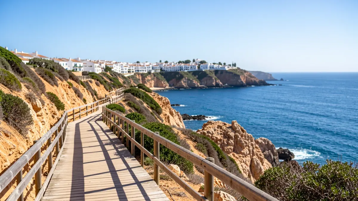 Generic image of a coastal path with wooden boardwalks and views of the Mediterranean Sea on the Costa del Sol.