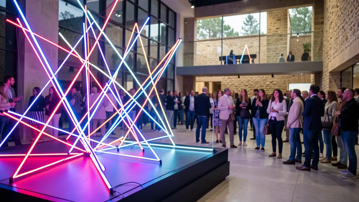 Instalación audiovisual abstracta con luces de neón y formas geométricas en un centro cultural.