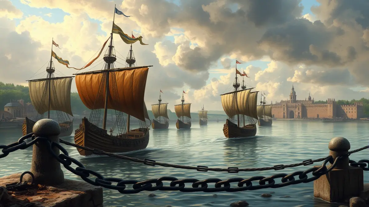 Historical image of medieval ships breaking a chain bridge on a river.