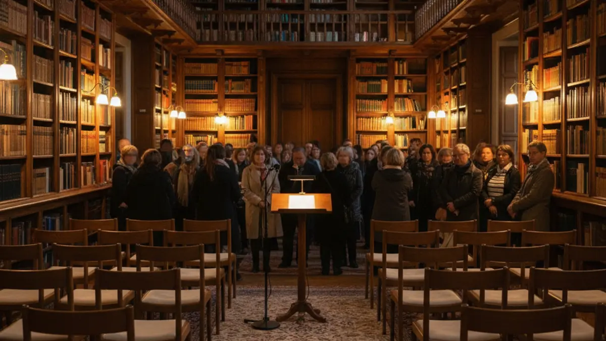 Generic image of an auditorium or reading room with a microphone on a lectern.