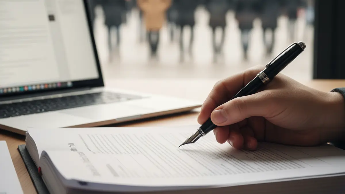 Generic image of a hand writing on a document, with a laptop in the background.