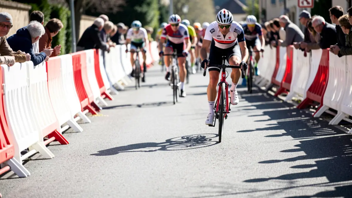 Generic image of a cycling race with safety barriers and blurred cyclists.