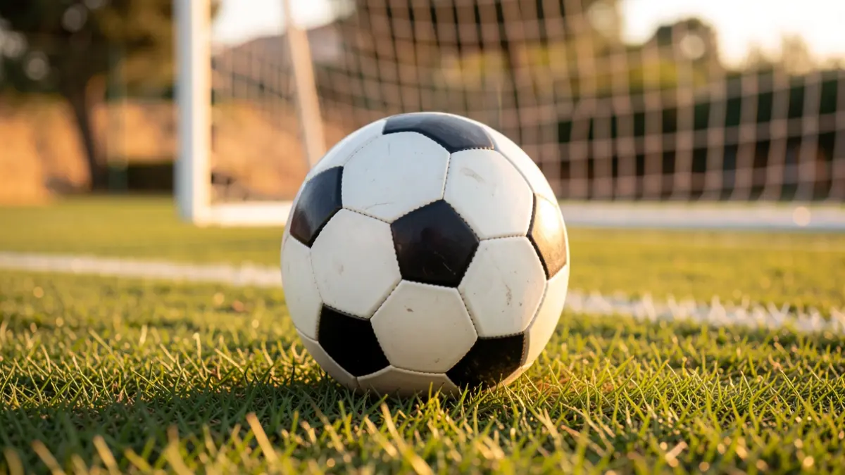 Imagen genérica de un balón de fútbol sobre el césped con una portería desenfocada al fondo.