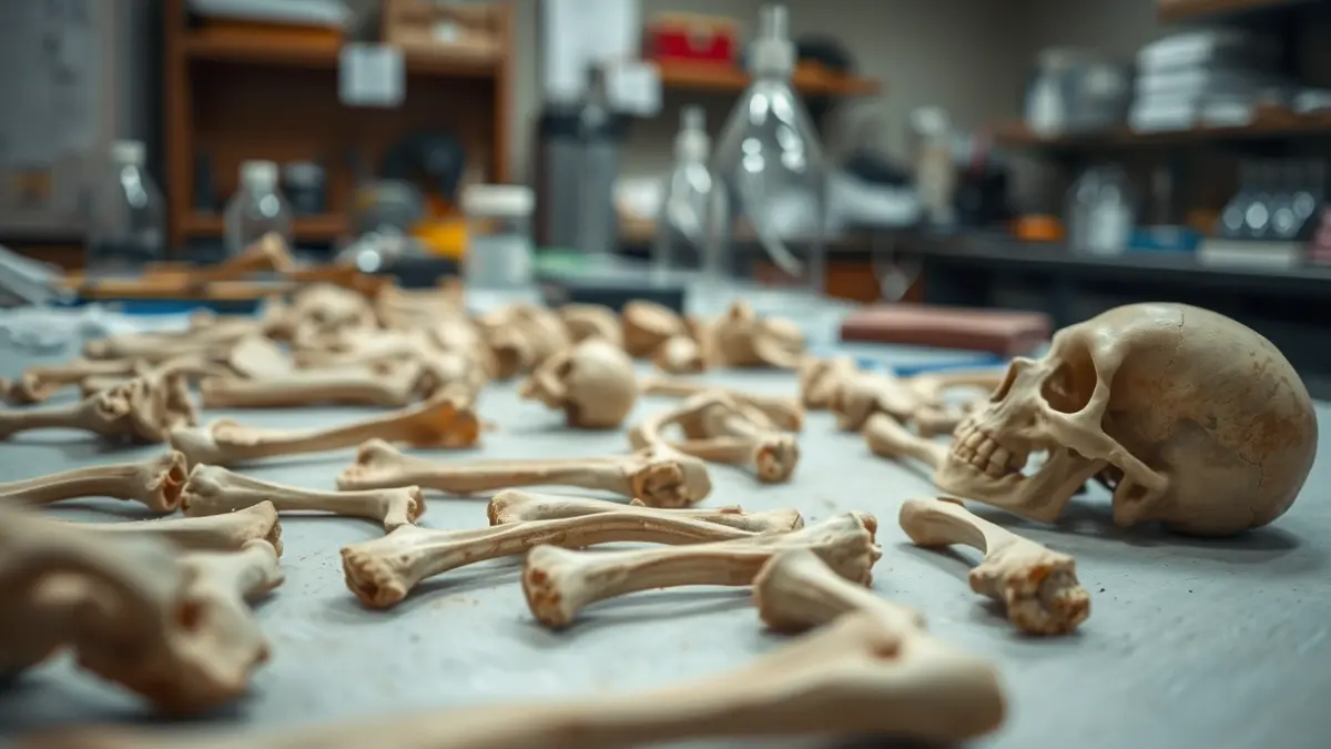 Imagen de restos óseos antiguos en un laboratorio arqueológico.
