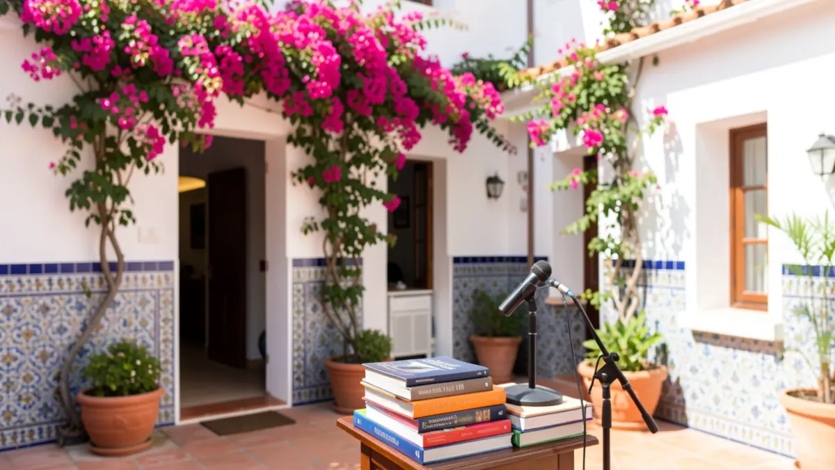 Patios andaluces con libros y un atril, representando la cultura y la academia.