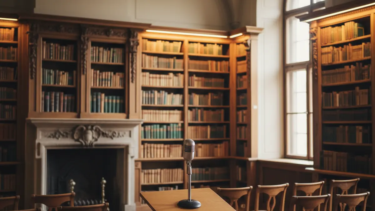 Imagen genérica de un interior de biblioteca con un podio y sillas, iluminado cálidamente.