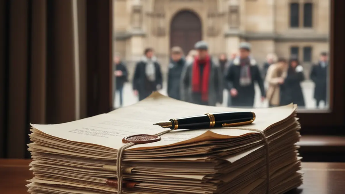 Generic image of official documents and a pen on a wooden desk.
