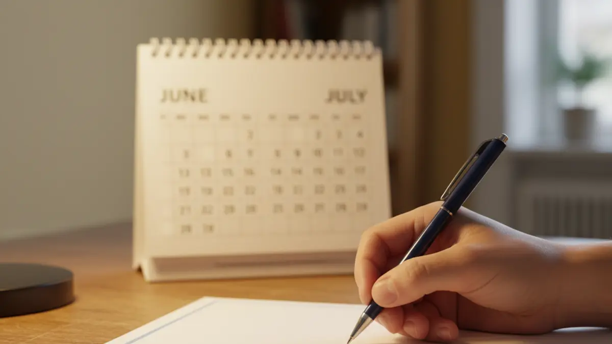 Imagen genérica de una mano escribiendo en un examen con un calendario al fondo.