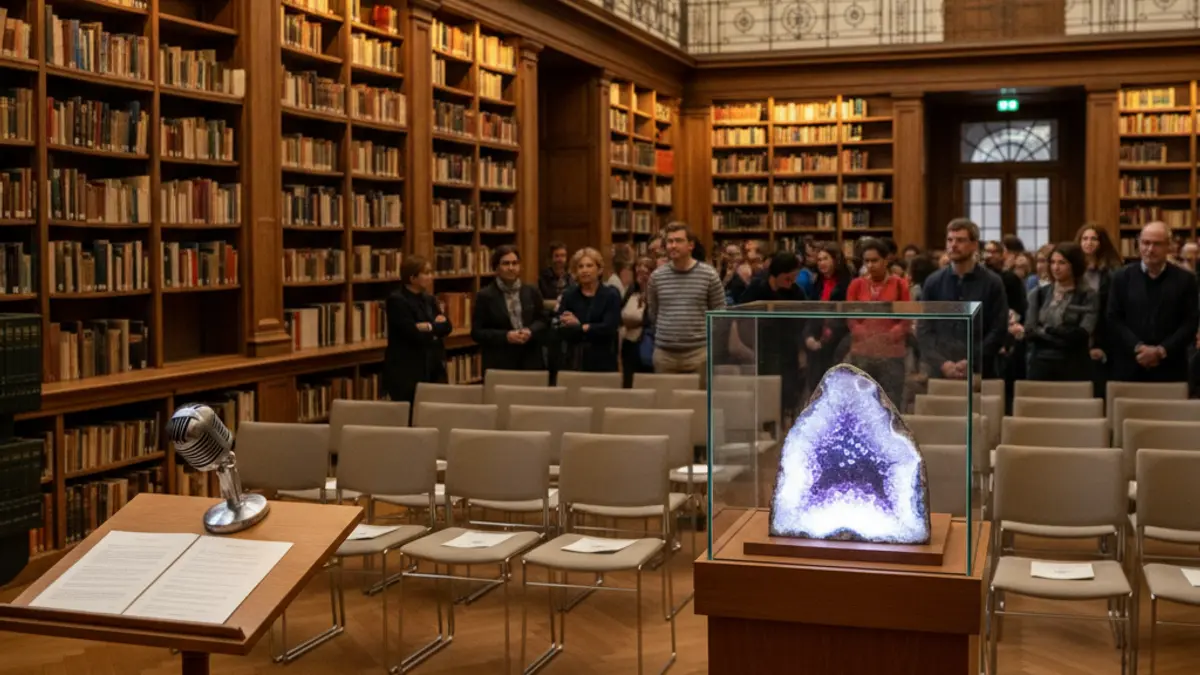 Image of a display case with a native copper specimen in a museum classroom.
