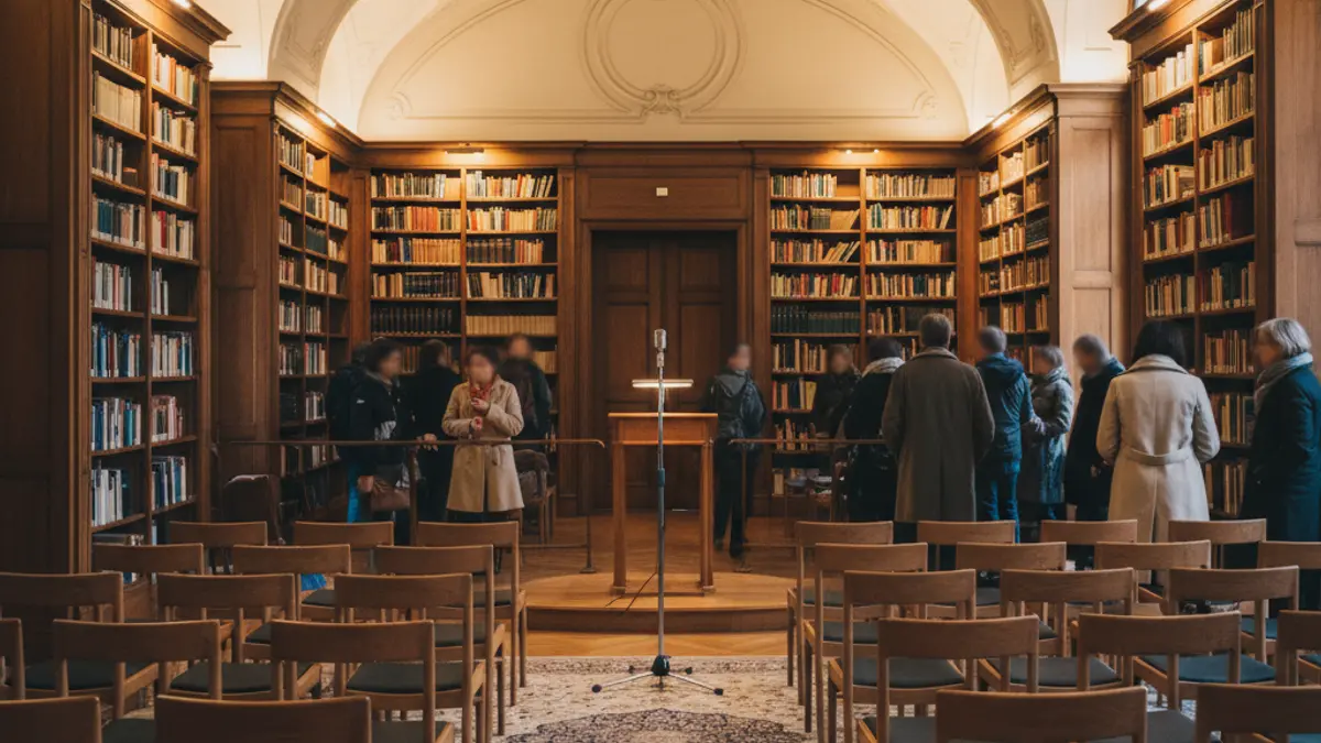 Imagen genérica de una sala de presentación de libros con estanterías y un micrófono.