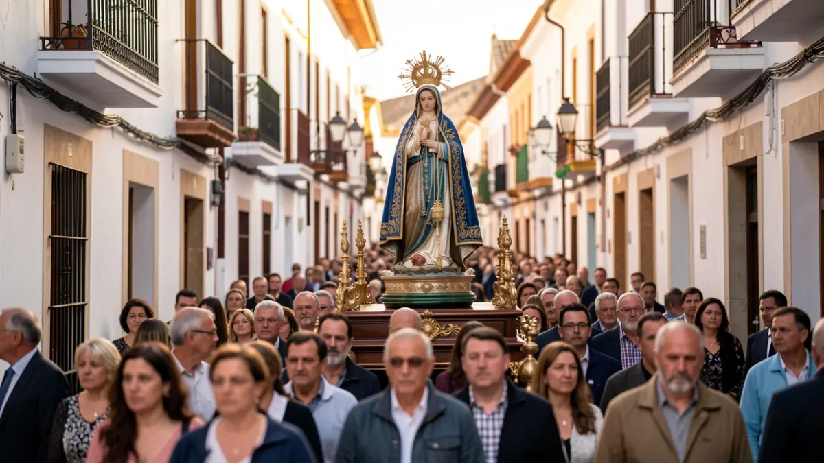 Image of a religious procession in a historic neighborhood of Malaga.