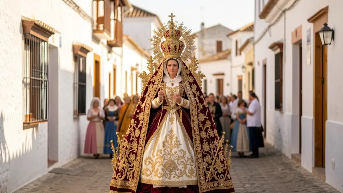 Image of the procession of the Virgen del Rocío through the village streets.