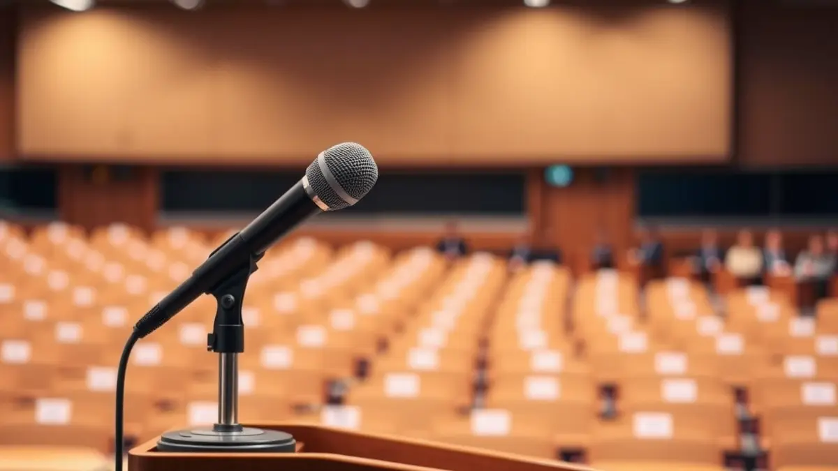 Generic image of a microphone on a podium, symbolizing a political speech.