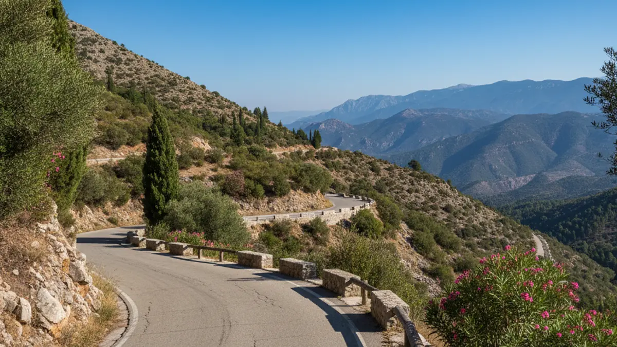 Generic image of a mountain road in a Mediterranean landscape, evoking a cycling stage.