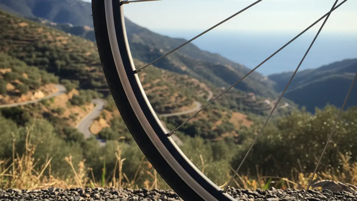Generic image of a road bicycle wheel in a mountainous Mediterranean landscape.