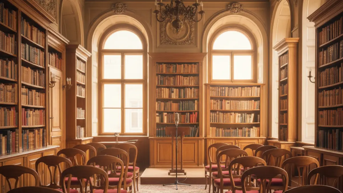 Imagen genérica de una sala de actos o biblioteca durante una presentación cultural.