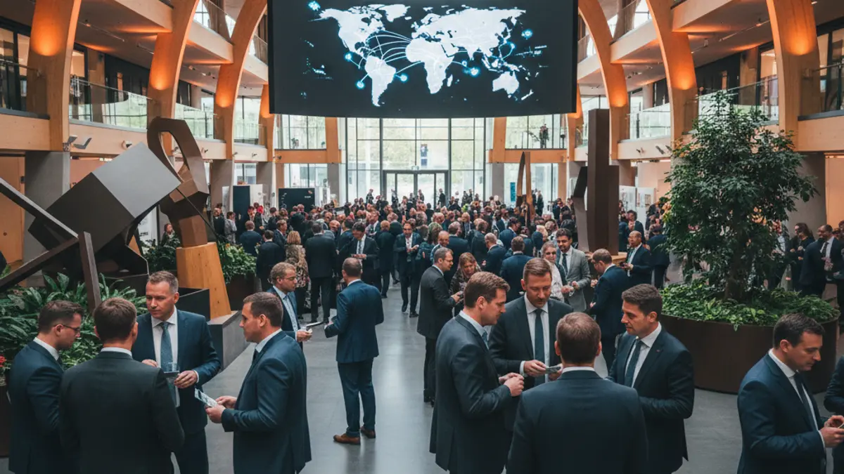 Imagen genérica de un congreso internacional de negocios con profesionales interactuando.