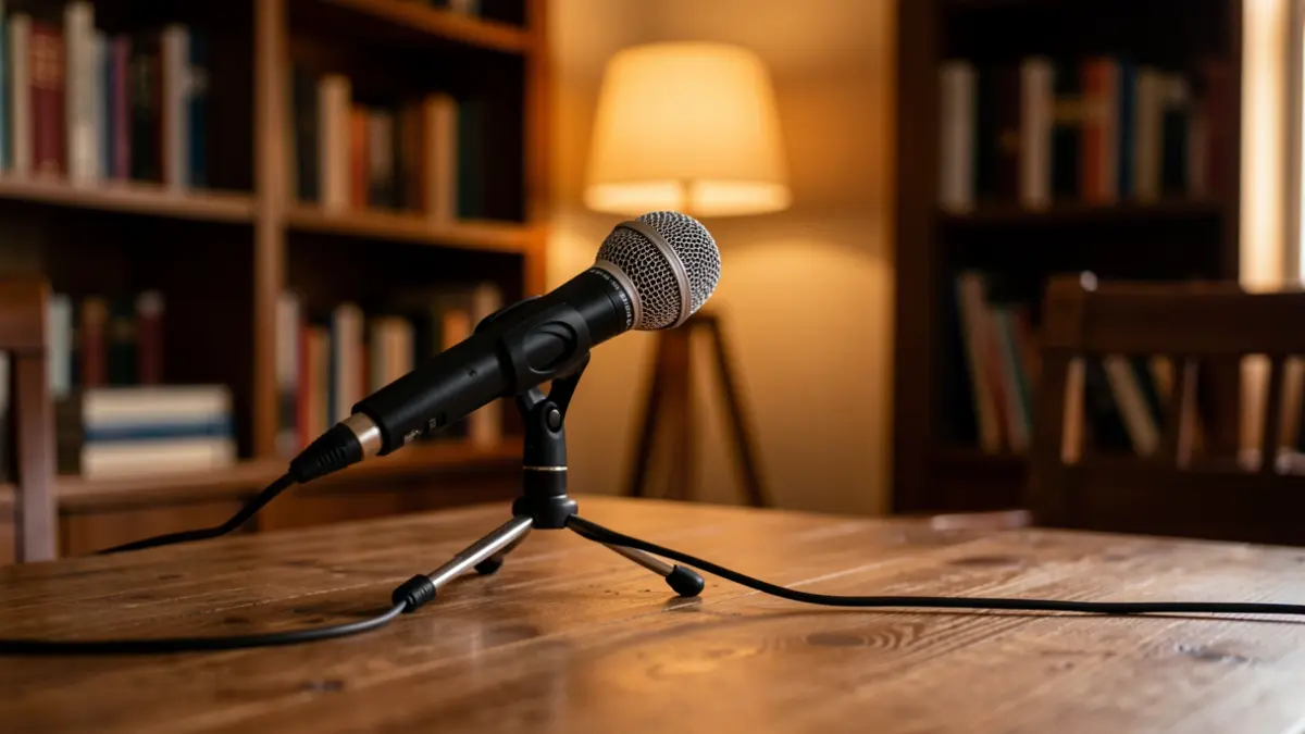 Image of a microphone on a table in an intimate interview setting.