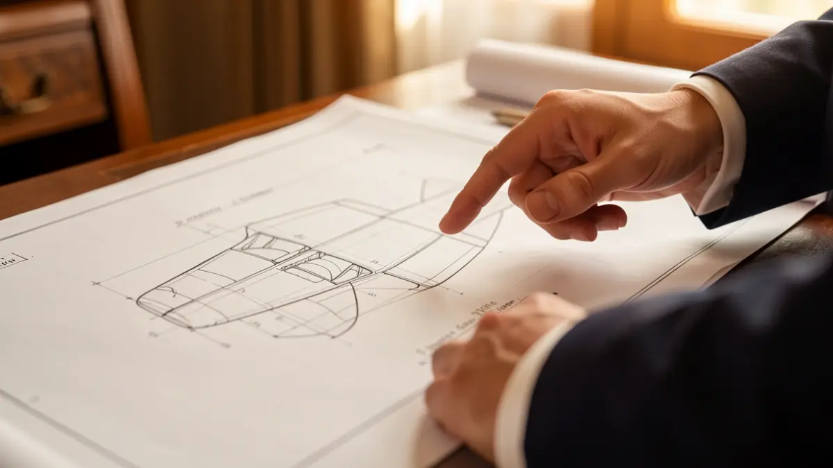 Primer plano de un plano técnico de un componente aeronáutico con manos señalando detalles.