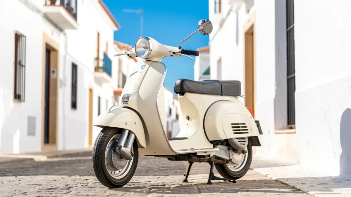 Scooter clásica italiana aparcada en una calle soleada de Almería.