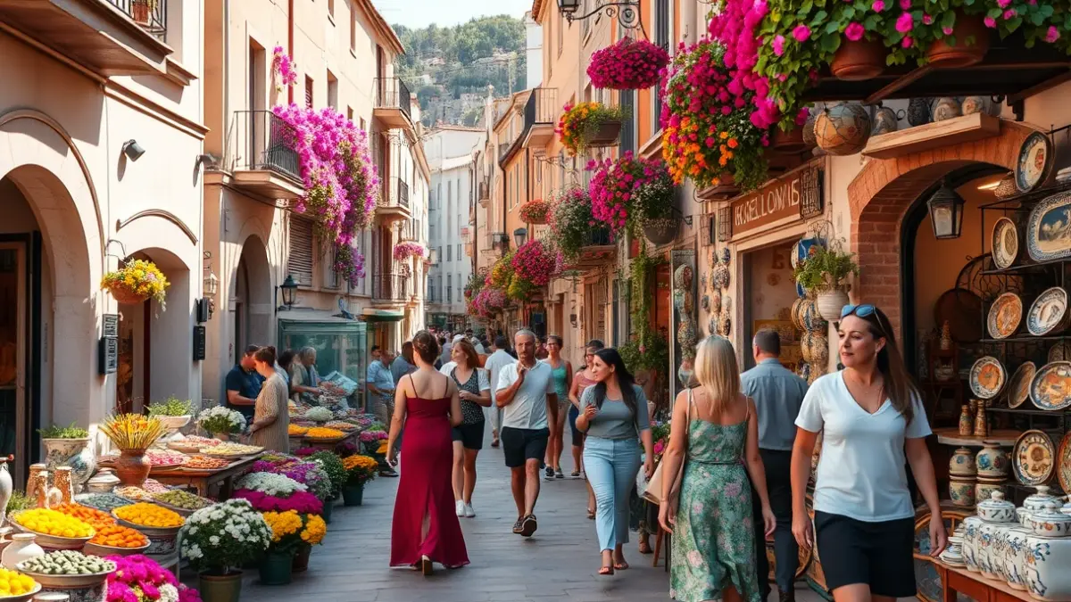 Image of a street in Lanjarón decorated with flowers and traditional elements during the May Crosses.