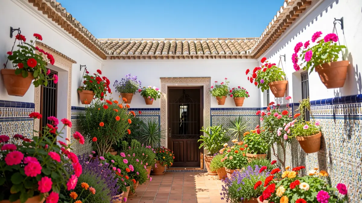 Imagen de un patio cordobés decorado con flores y elementos arquitectónicos tradicionales.