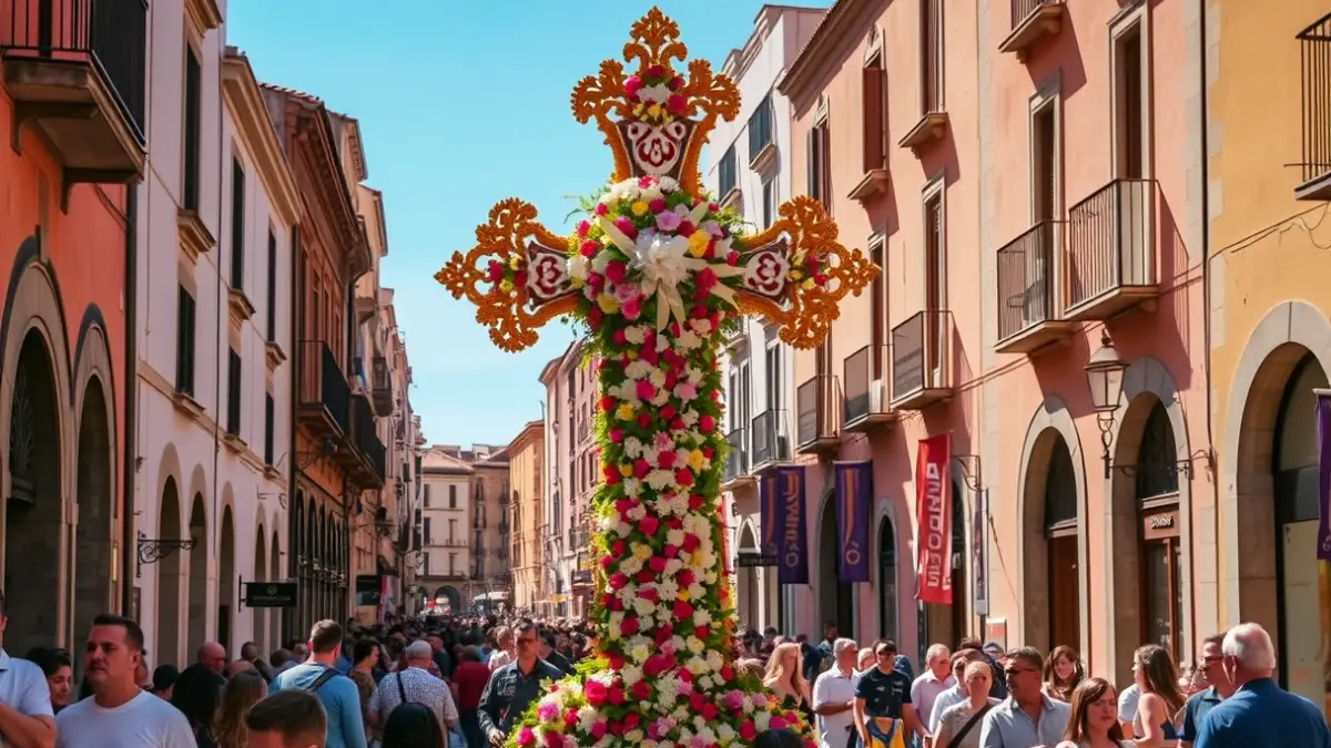 Image of a decorated floral cross in the streets of Córdoba during the May festivities.