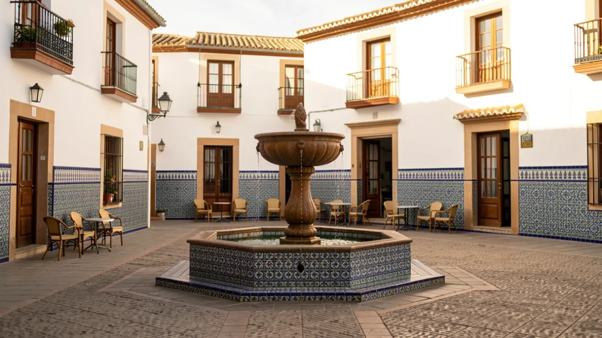 Plaza andaluza tradicional con edificios encalados y azulejos, bajo la luz del sol de la tarde.