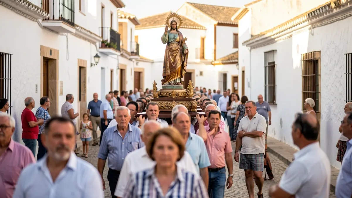 Generic image of a religious procession in an Andalusian village square.