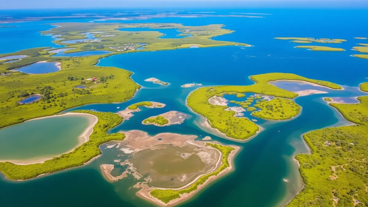 Aerial image of lagoons and wetlands in the province of Córdoba with high water levels.