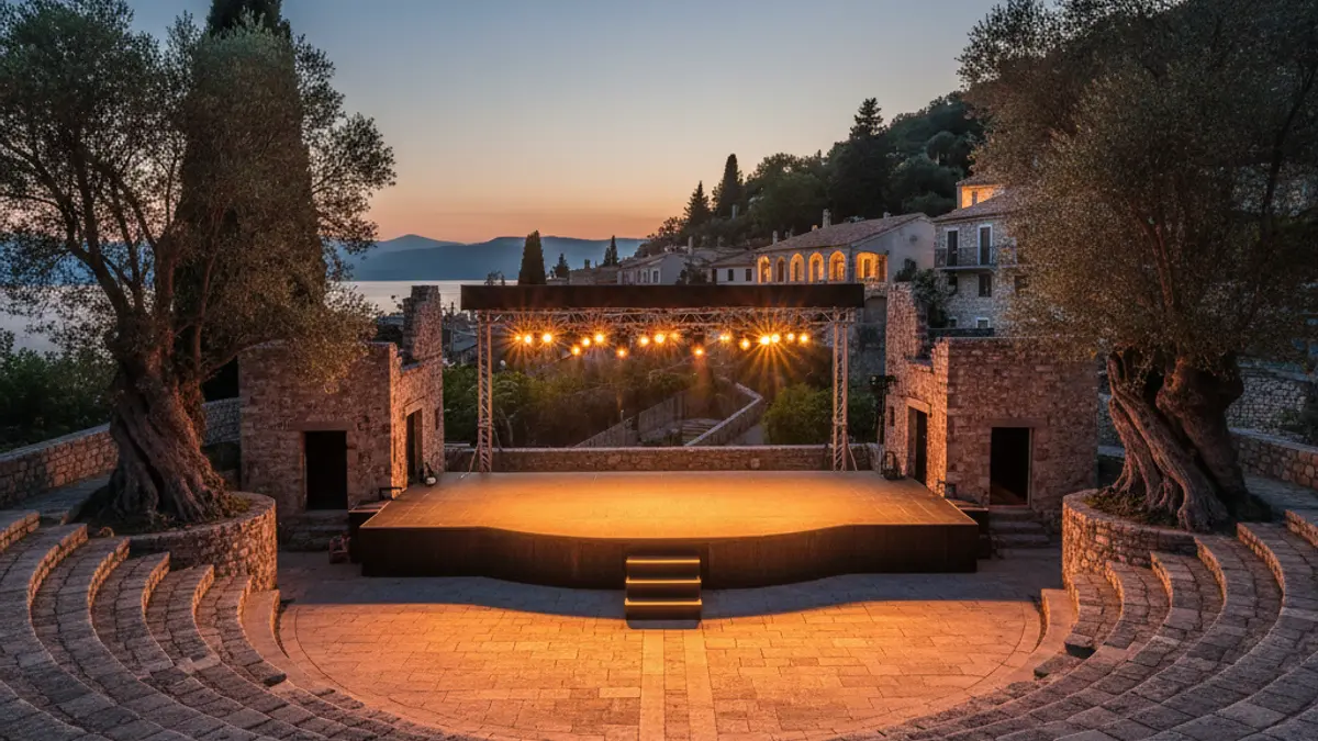Outdoor amphitheater in Puerto Serrano during a music festival.