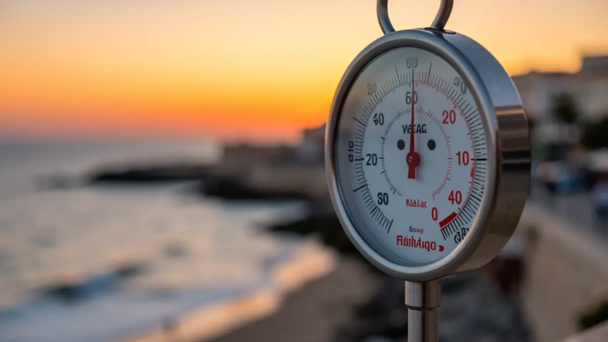 Termómetro mostrando alta temperatura con el litoral de Málaga al atardecer.