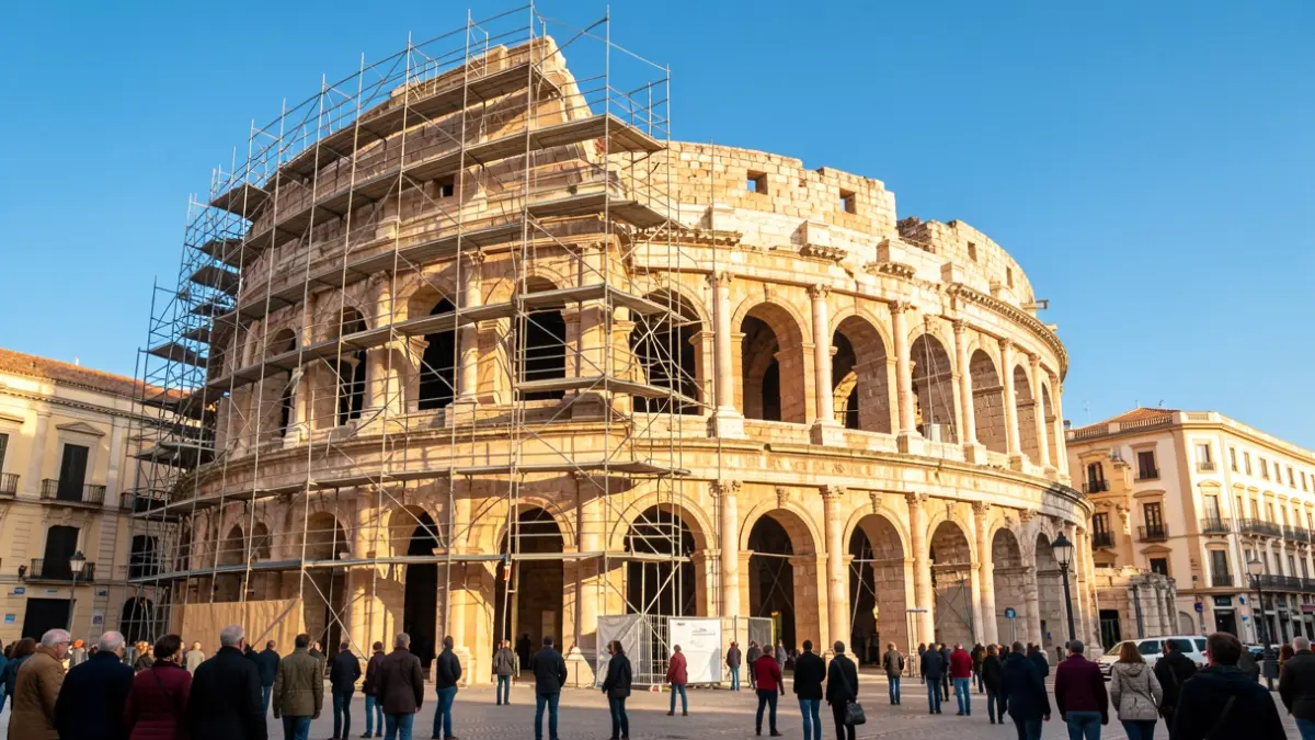 Facade of the Roman Theatre of Cadiz with scaffolding during restoration works.