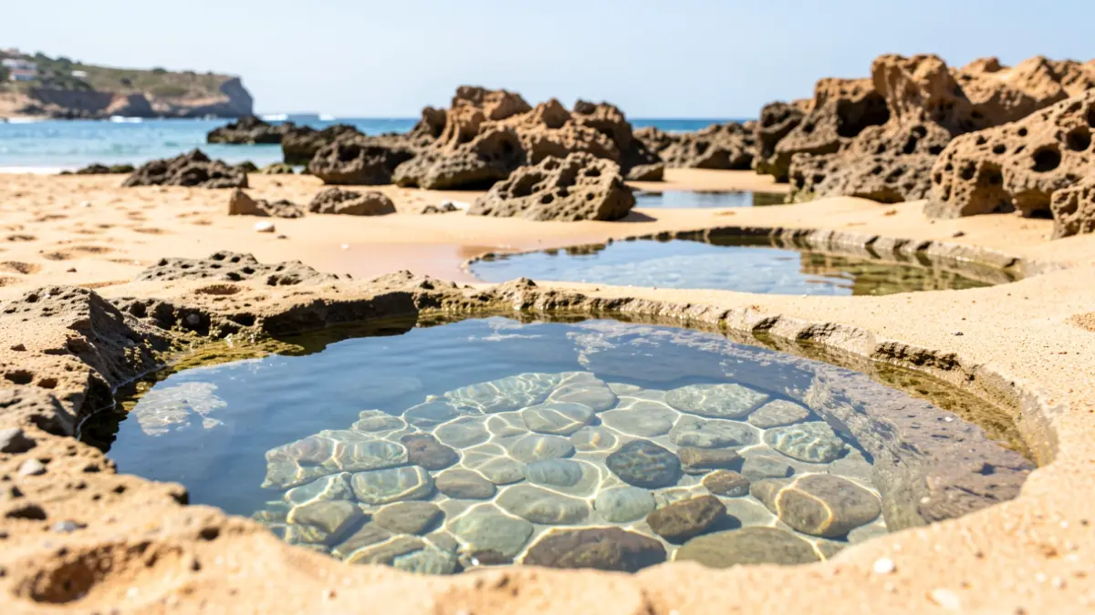 Piscinas naturales formadas por rocas en la playa de Bolonia, Cádiz, con aguas cristalinas durante la bajamar.