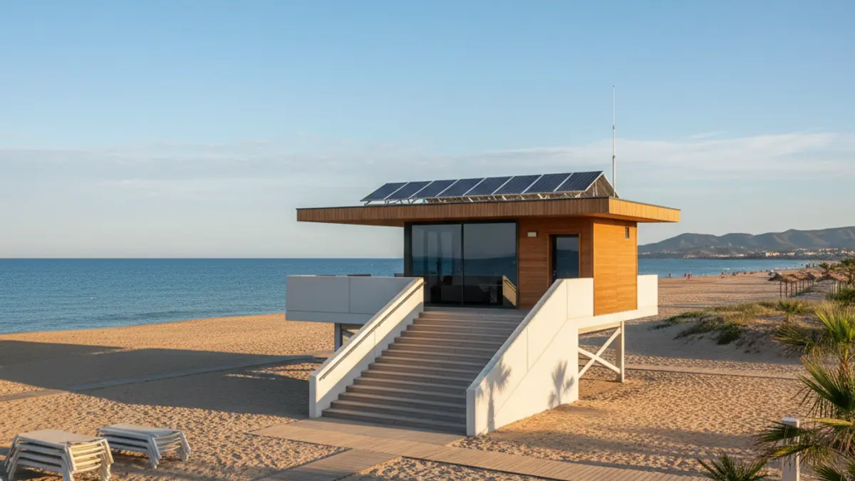 Imagen de una base de socorrismo renovada en una playa de Almería con paneles solares.