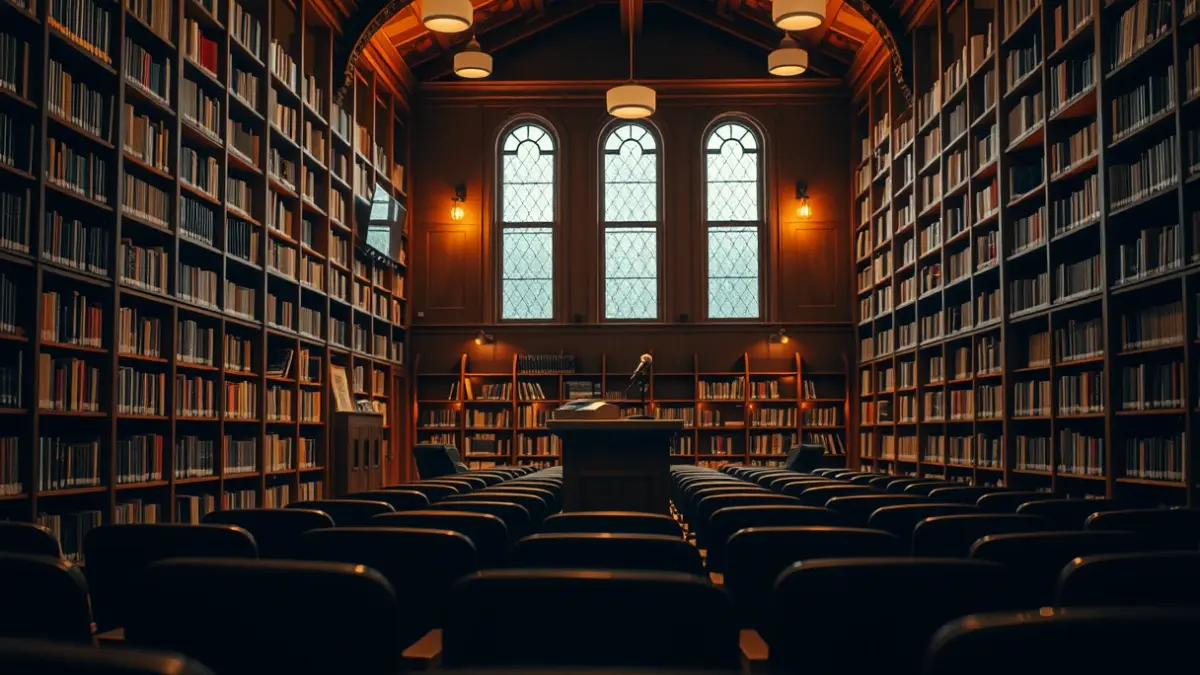 Generic image of a book presentation room with a microphone and empty chairs.
