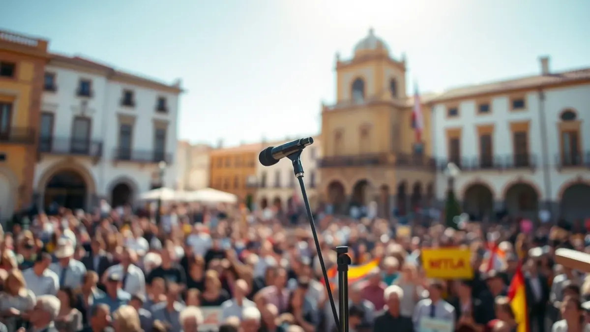 Imagen de un mitin político en una plaza de un pueblo andaluz, con un atril y un micrófono.