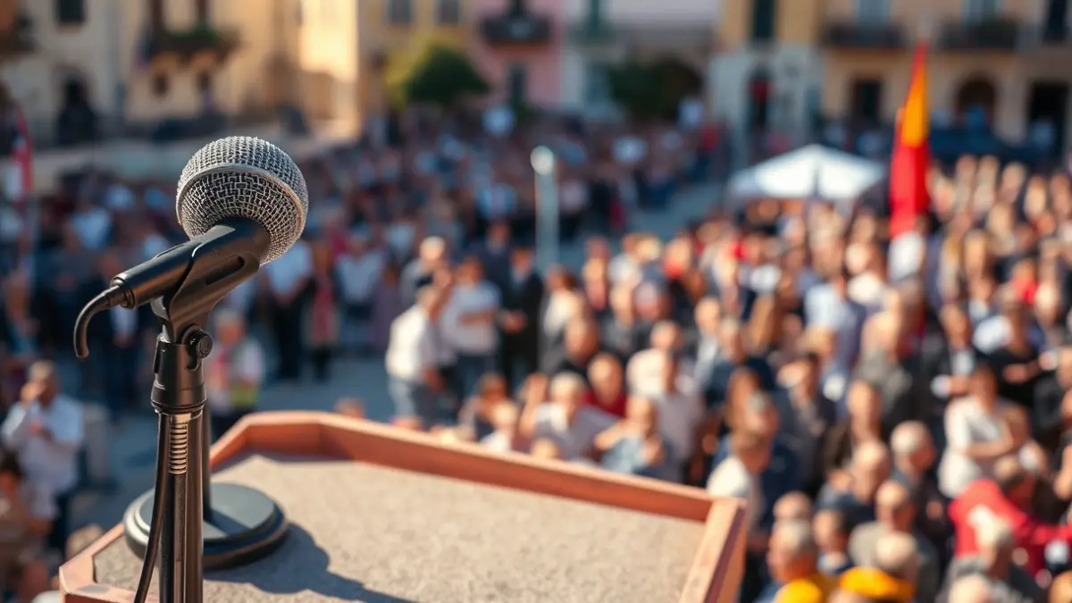 Generic image of a microphone on a podium during a political event in a square.
