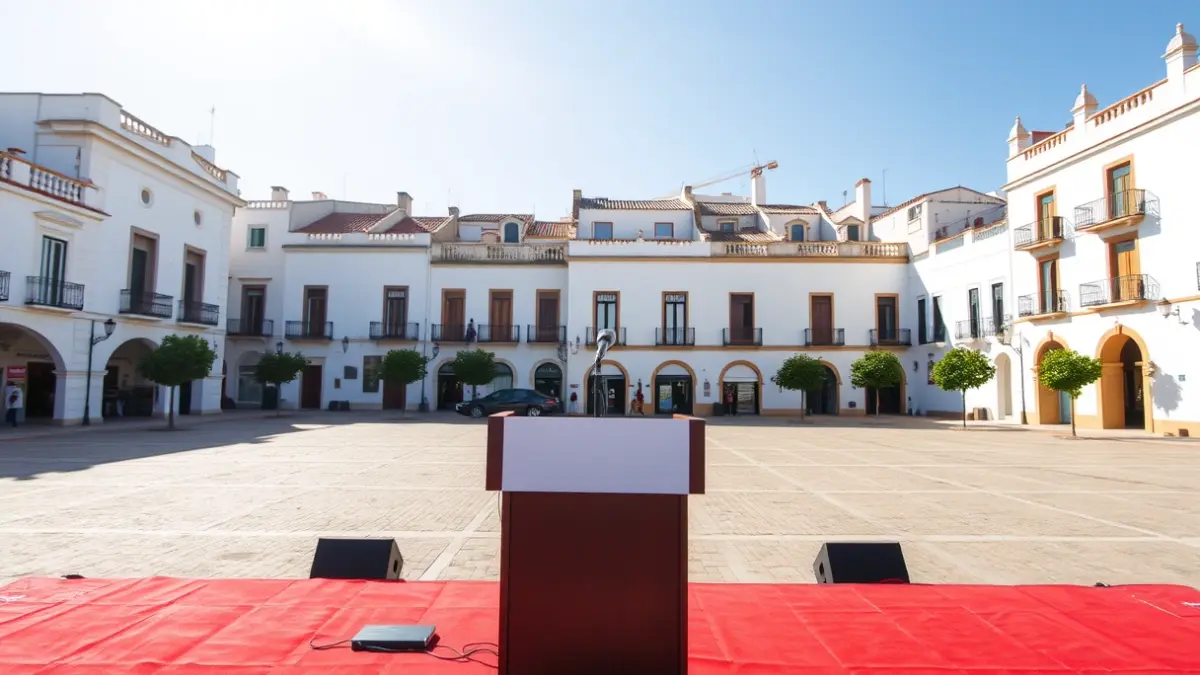 Image of a podium with a microphone in a square of an Andalusian village, with whitewashed houses in the background.