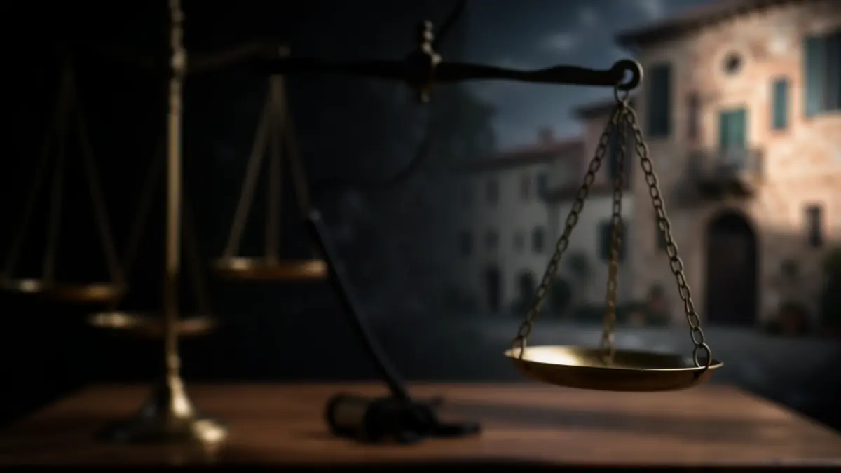Imagen abstracta de justicia y crimen con detalles arquitectónicos andaluces.