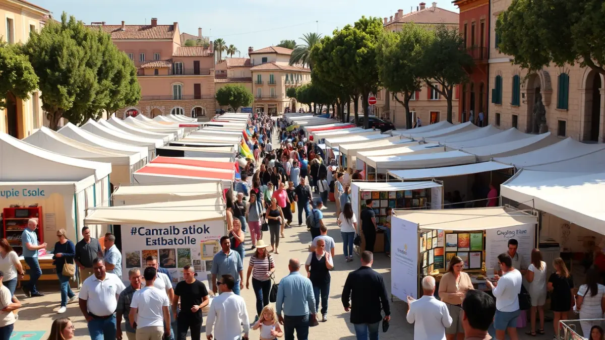 Generic image of an outdoor fair with stands and people interacting.